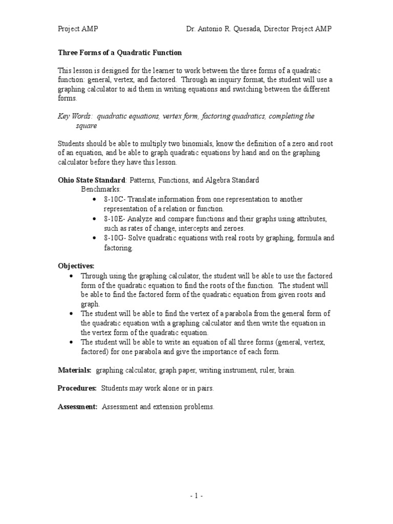 Understanding Quadratic Functions Forms | PDF | Quadratic Equation ...