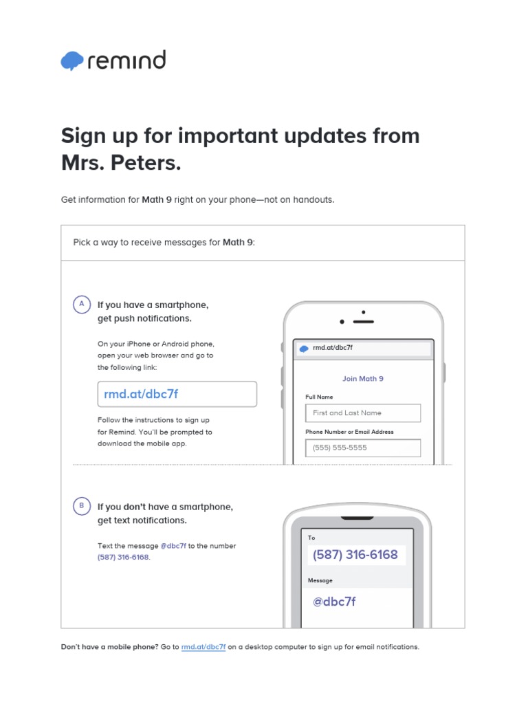 Sign Up for Math 9 Updates via Remind | PDF