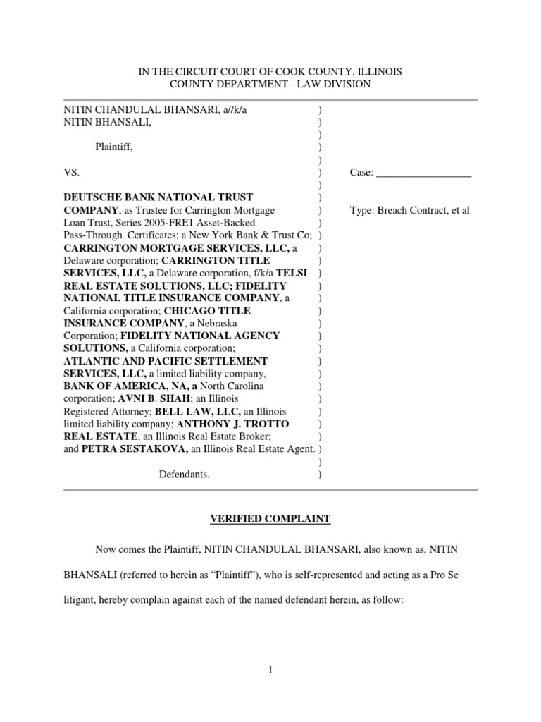 Complaint Clout of Ttitle Breach of Contract Title