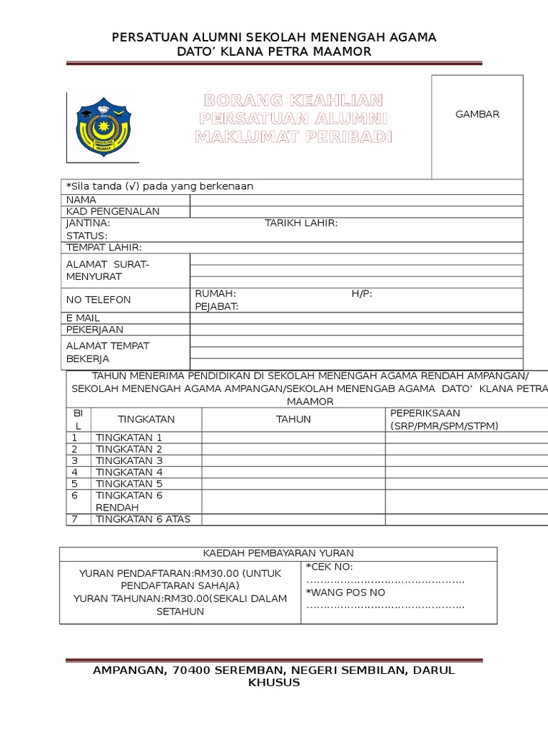 Borang Keahlian Persatuan Alumni