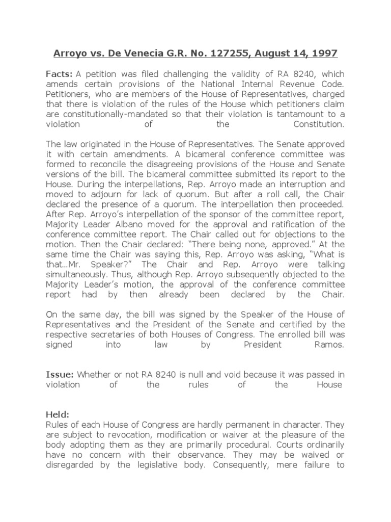 Arroyo Vs de Venecia Download Free PDF United States House Of