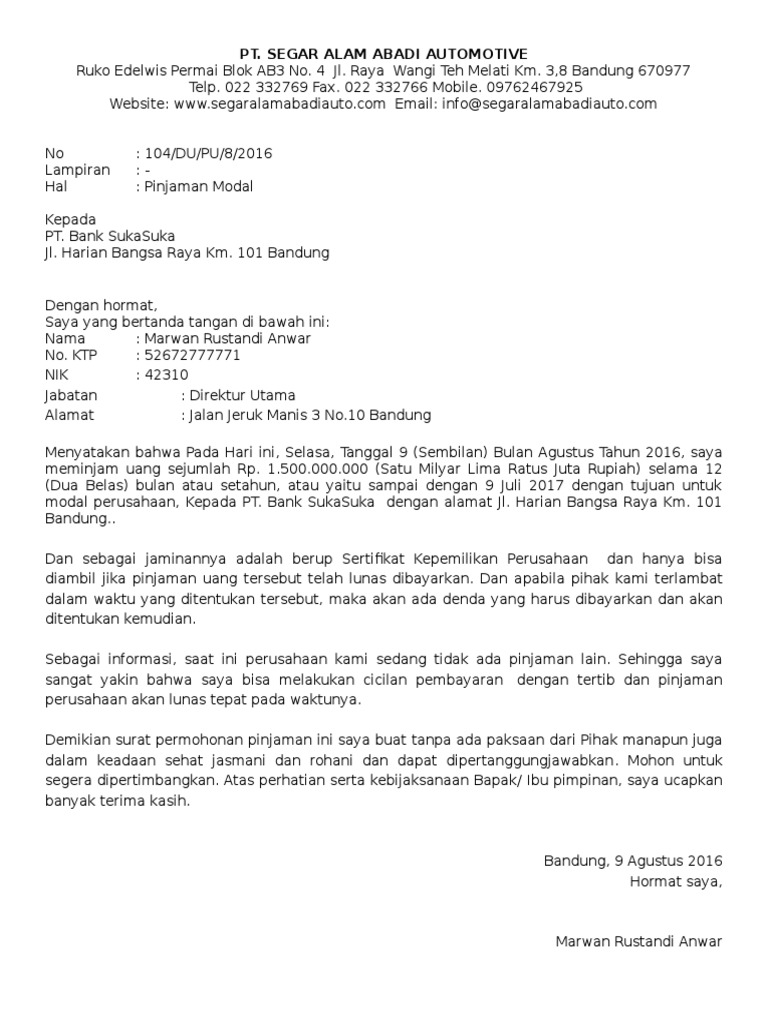 Contoh Surat Pinjaman Ke Bank