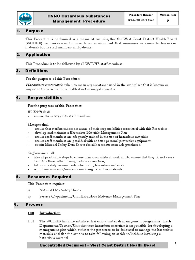 6 HSNO Hazardous Substances Management Procedure Dangerous Goods