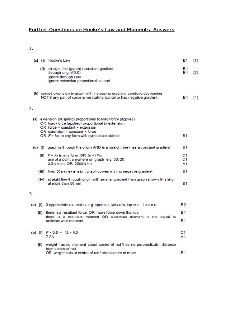 Further Questions On Hooke's Law and MomentsAnswers PDF