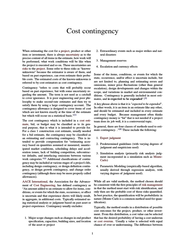 Understanding Cost Contingency Classifications, Estimation Methods