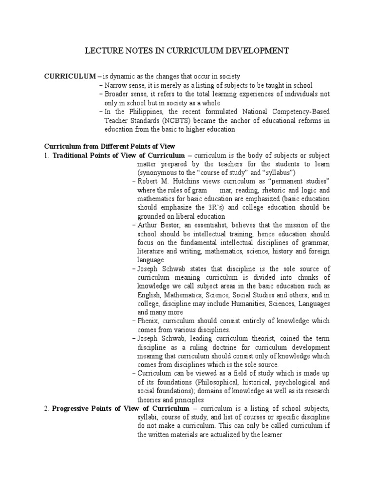 Lecture Notes In Curriculum Development PDF Curriculum Humanistic