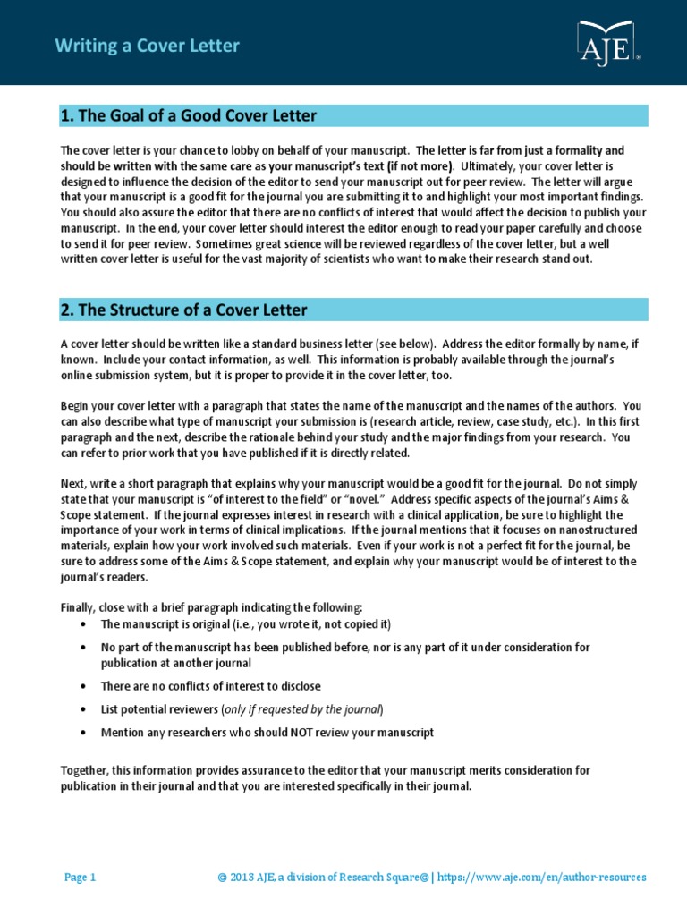 Writing A Cover Letter AJE 29  PDF  Academic Journal  Inquiry