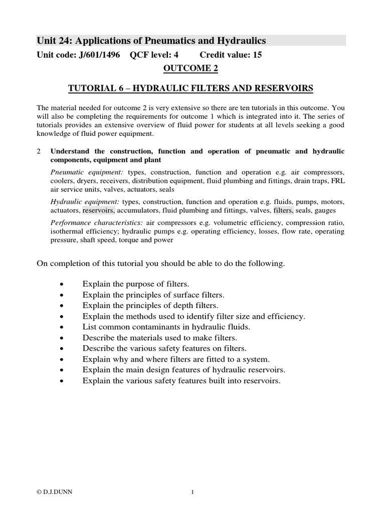 Unit 24 Applications of Pneumatics and Hydraulics PDF Filtration