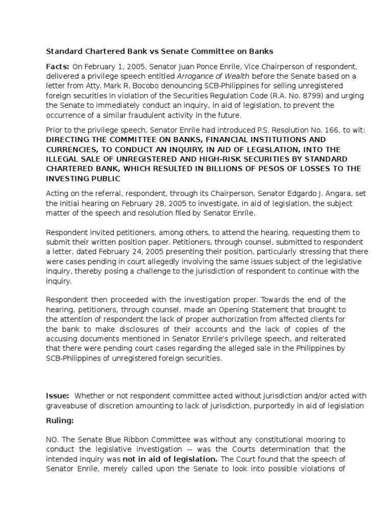Standard Chartered Bank Vs Senate Committee On Banks PDF