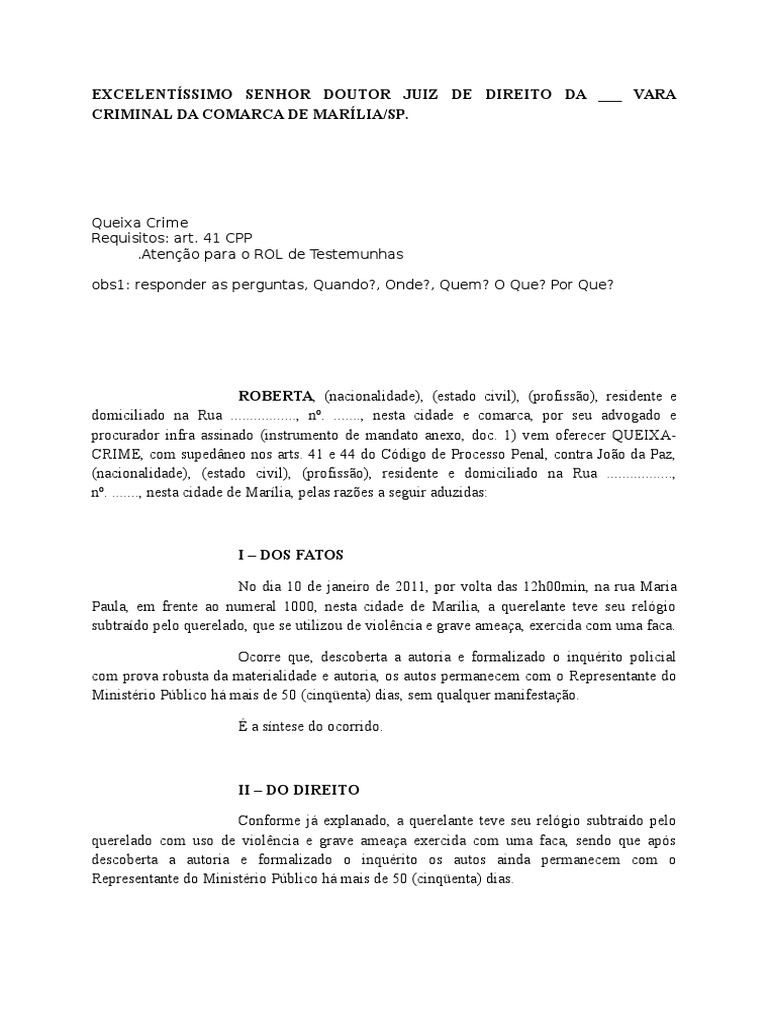 Modelo Queixa Crime  Procedimento criminal  Roubo