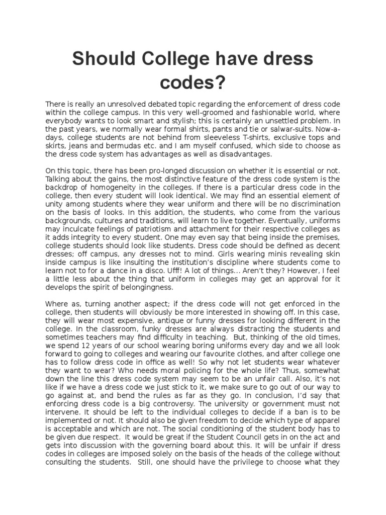 Essay Should College Have Dress Codes PDF Clothing Human Appearance