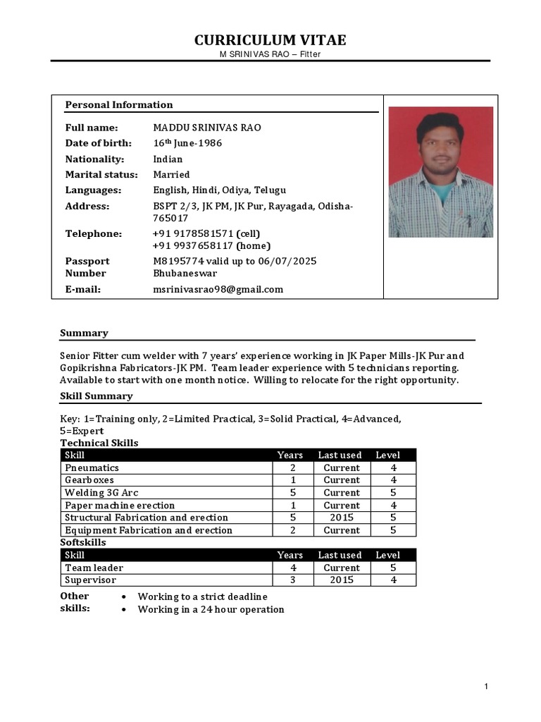 resume format for iti electrician
