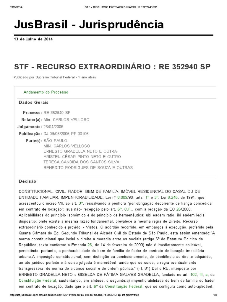 STF - Recurso Extraordinário - Re 352940 SP | Download grátis PDF | Lei ...
