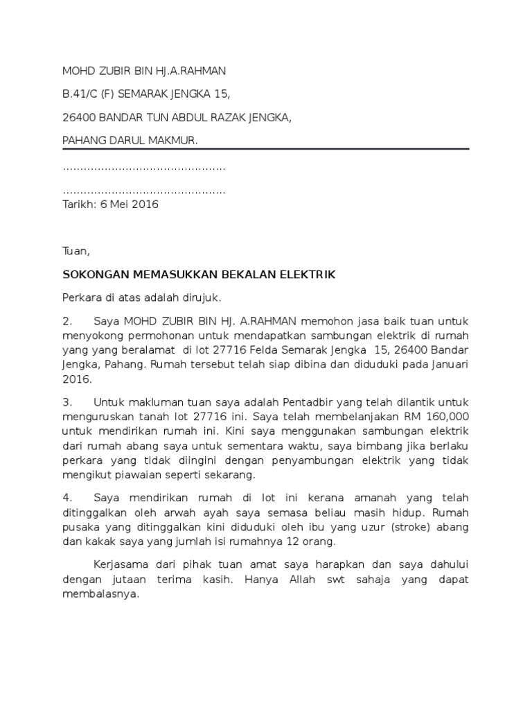 Contoh Surat Pengurangan Bayaran Bill Air