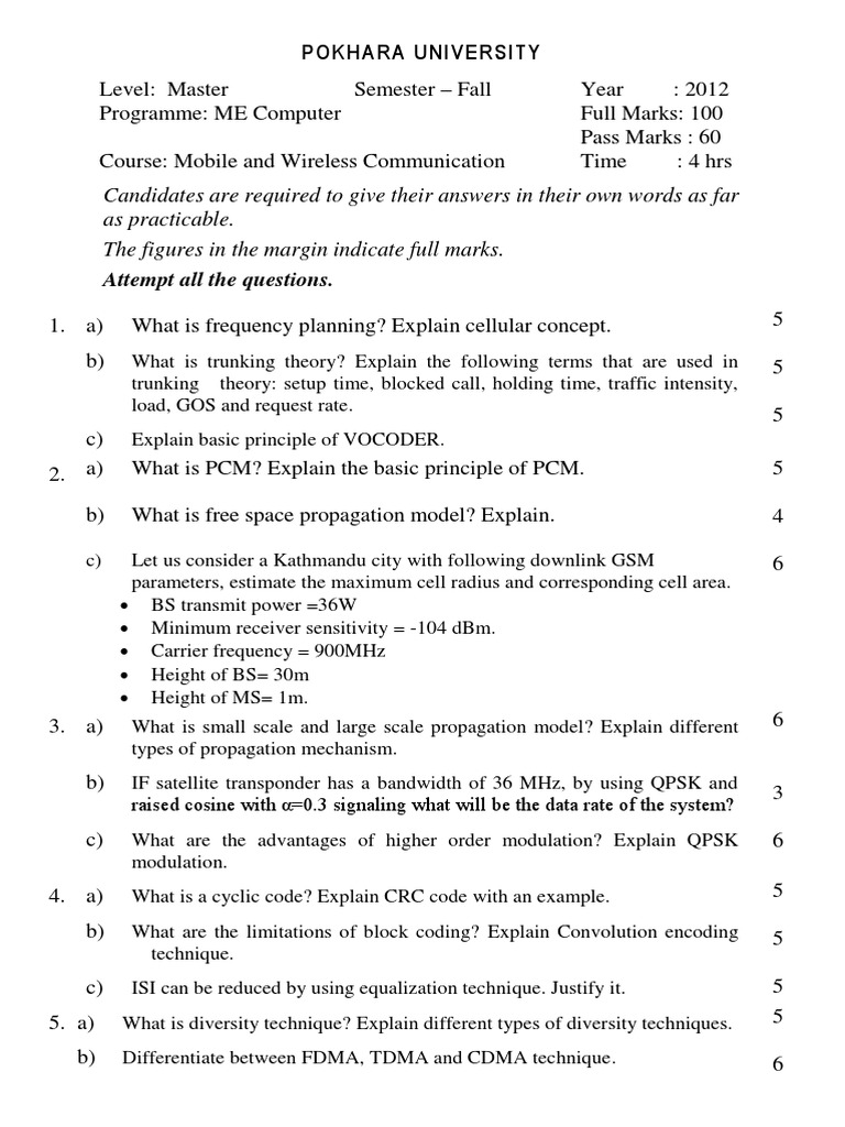 Mobile and Wireless Communication Exam | PDF | Cellular Network | Code ...