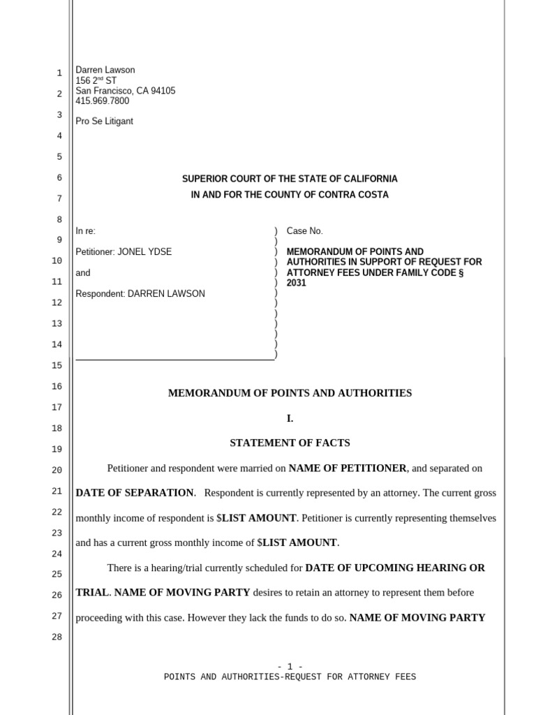 Motion for attorney fees pursuant to section 2031 pdf pro se legal