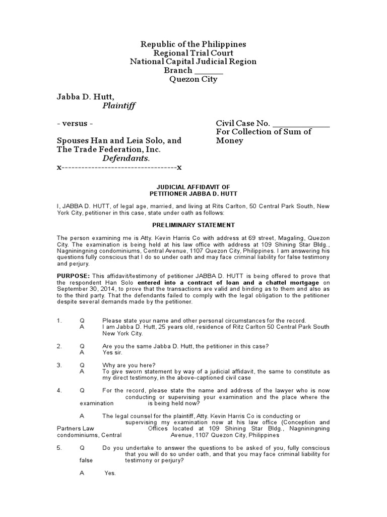 Plaintiff: Judicial Affidavit of Petitioner Jabba D. Hutt | Download ...