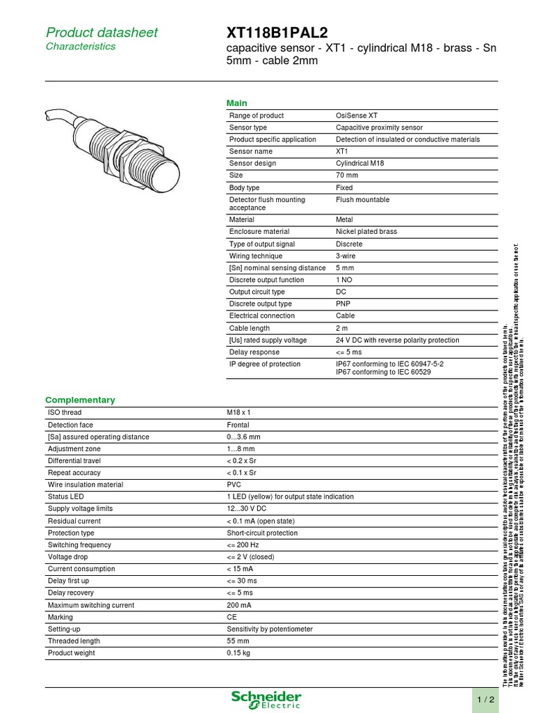 SENSOR CAPACITIVO-XT118B1PAL2-datasheet | PDF | Capacitor | Sensor