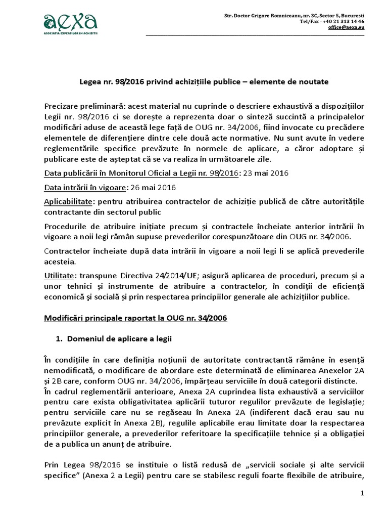 Legea Nr 98 Din 2016 Privind Achizitiile Publice Sinteza Elemente De Noutate Pdf