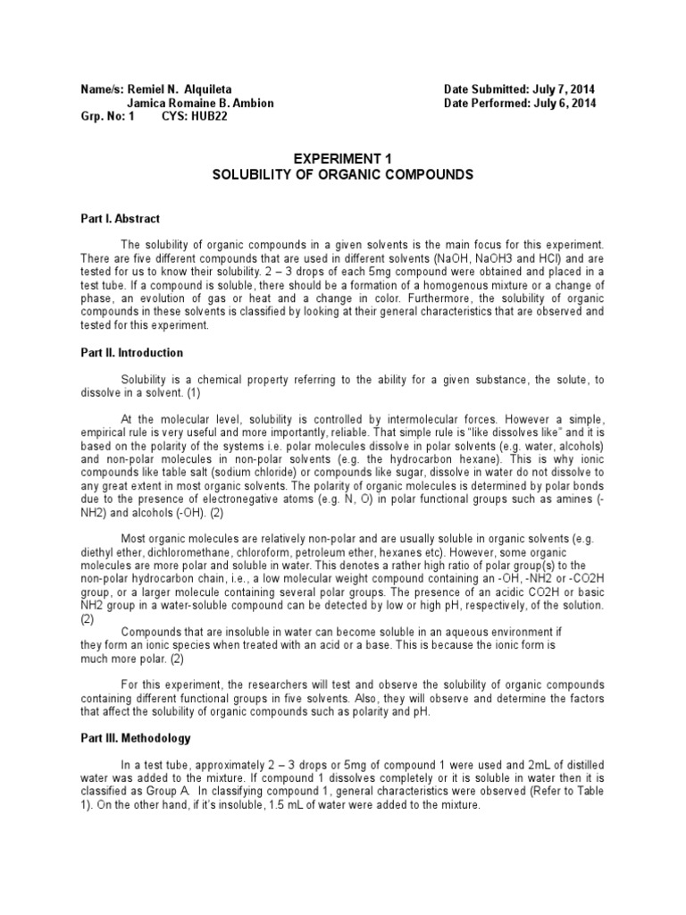 Solubility of Organic Compounds Experiment | PDF | Solubility | Solvent