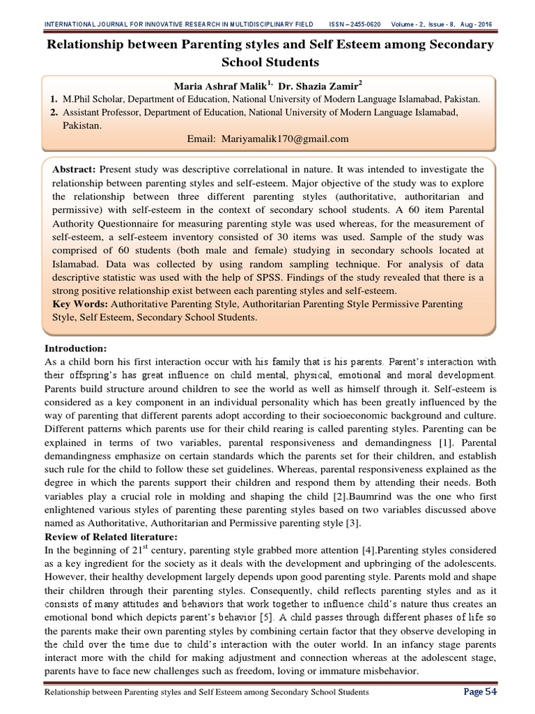 Relationship Between Parenting Styles and Self Esteem Among Secondary ...