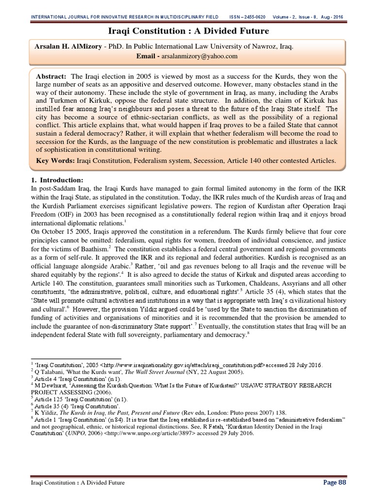 Iraqi Constitution (A Divided Future) PDF Iraqi Kurdistan World