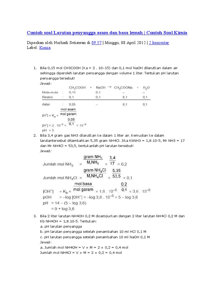 Contoh Soal Larutan Penyangga Asam Dan Basa Lemah