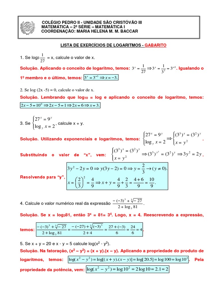 Exercícios de Logaritmos com Gabarito | PDF | Logaritmo | Objetos ...