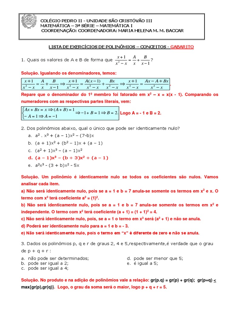 Exercícios sobre Polinômios e Grau | PDF | Aritmética | Analise matemática