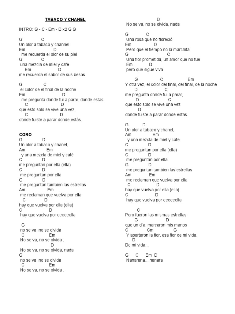 TABACO Y CHANEL Letra y Acordes PDF