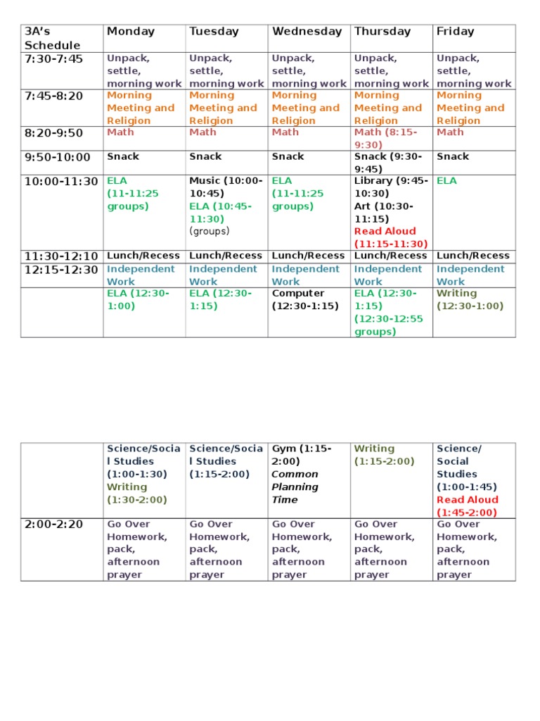 3A Weekly Class Schedule | PDF | Language Arts & Discipline
