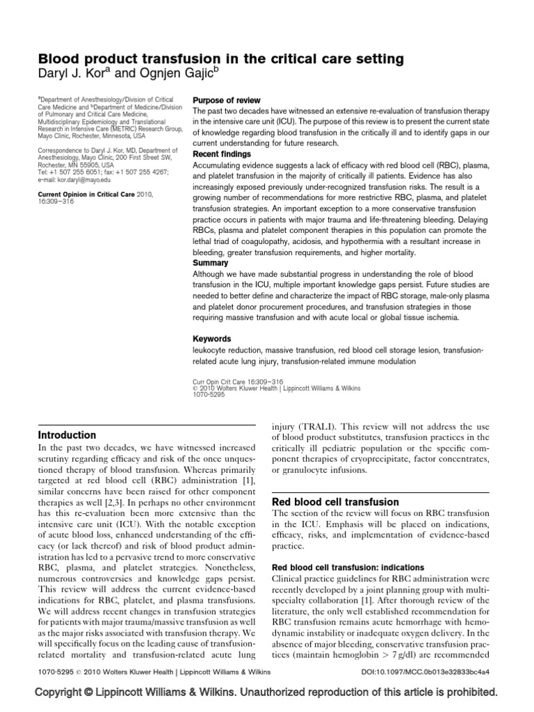 Blood Product Transfusion in the Critical Care Setting Blood