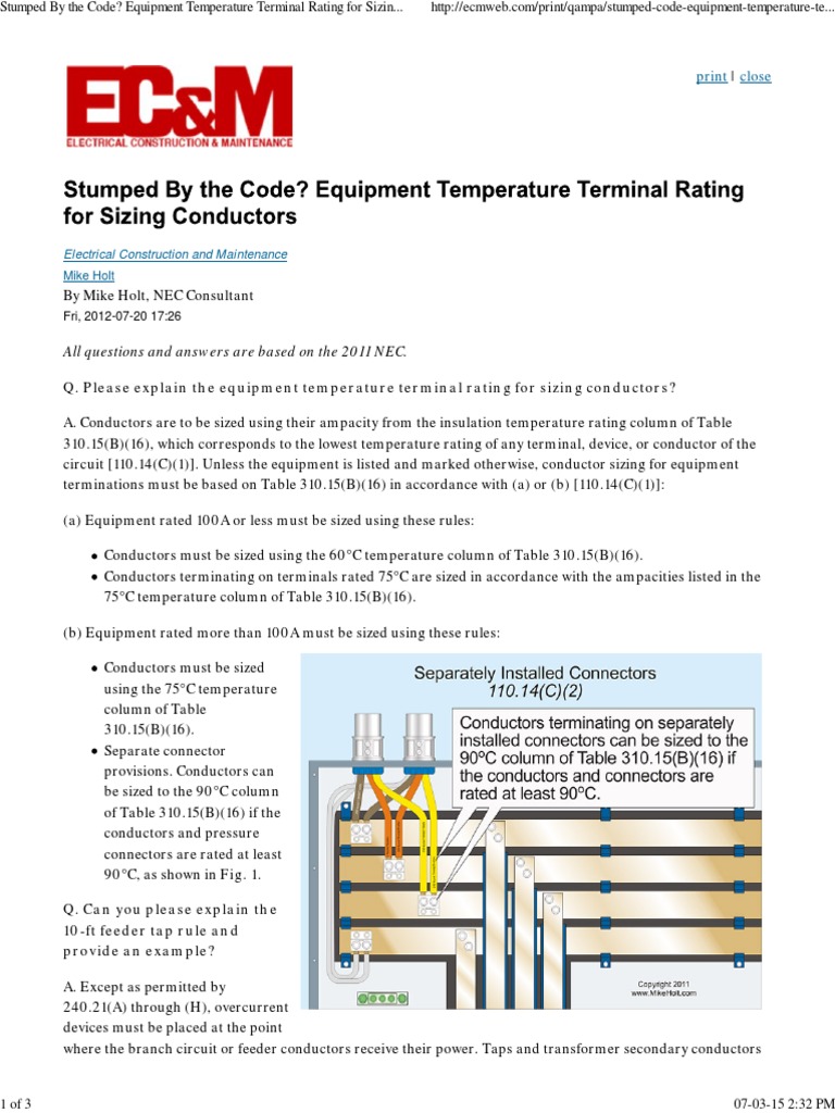 Equipment Temperature Terminal Rating for Sizing Conductors