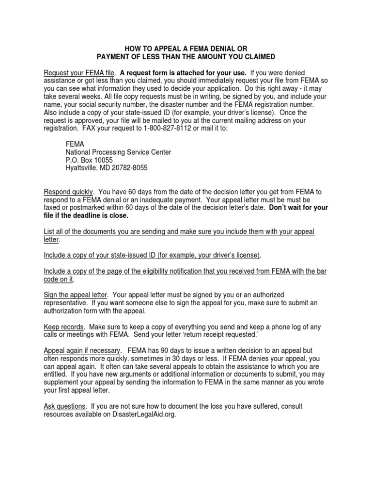 Fema Appeal Template 3 Federal Emergency Management Agency Small 