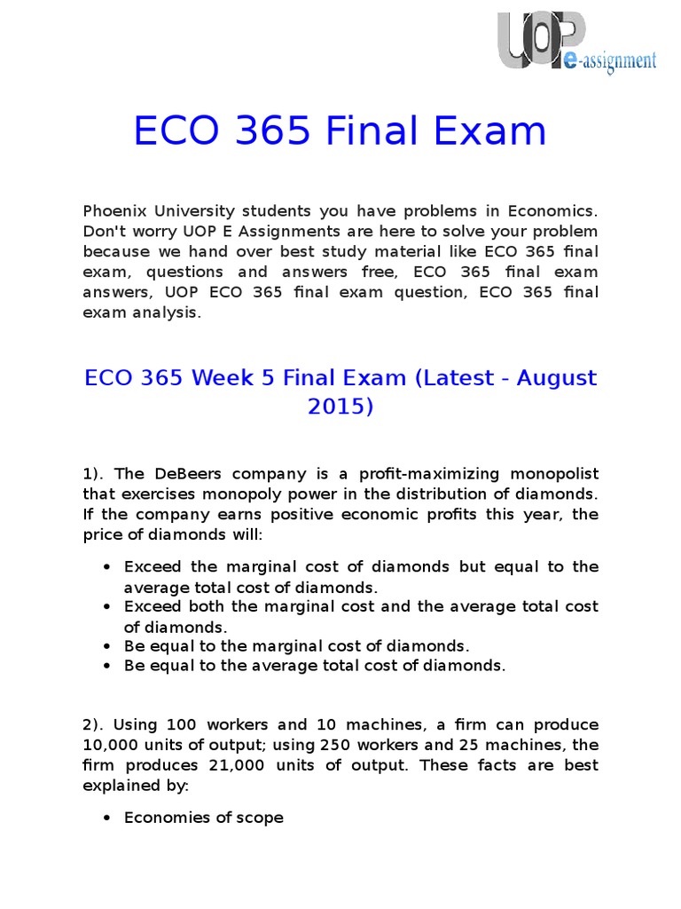 Uop E Assignments Eco 365 Eco 365 Final Exam Answers - 