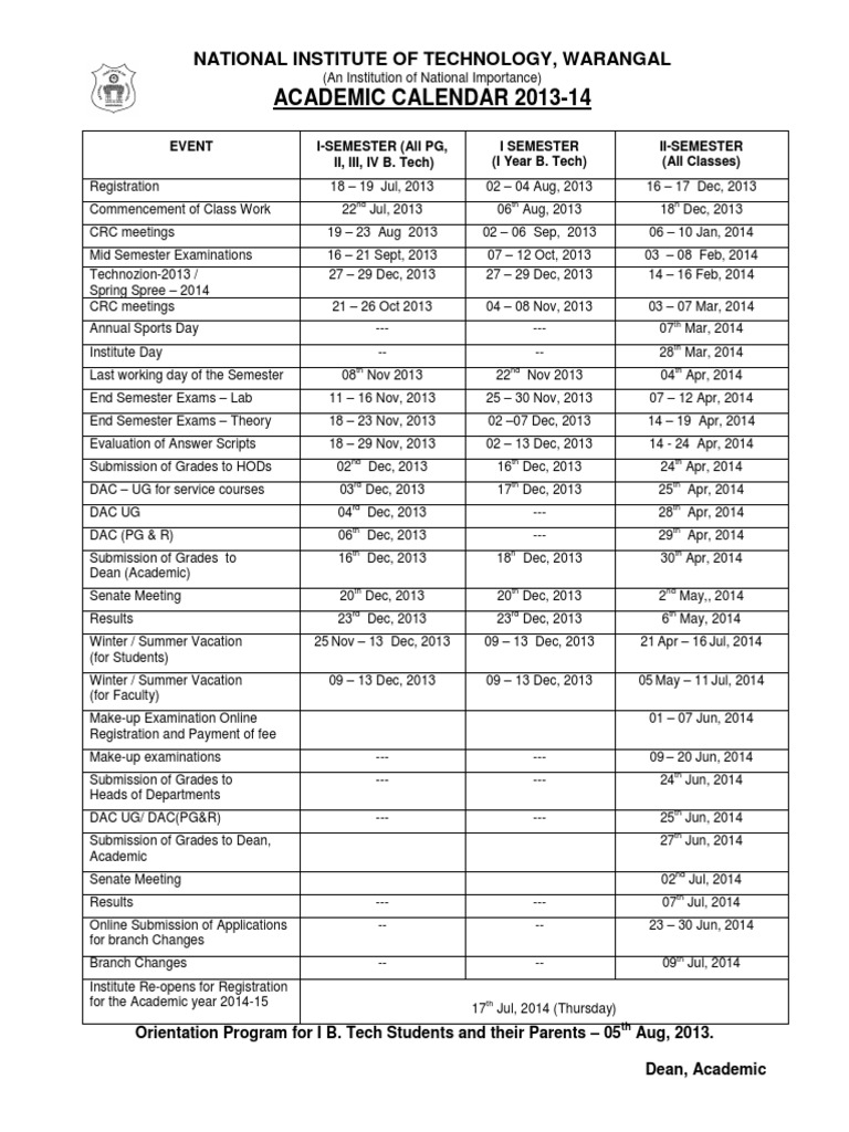 NIT Warangal Academic Calendar 2013-14 | PDF