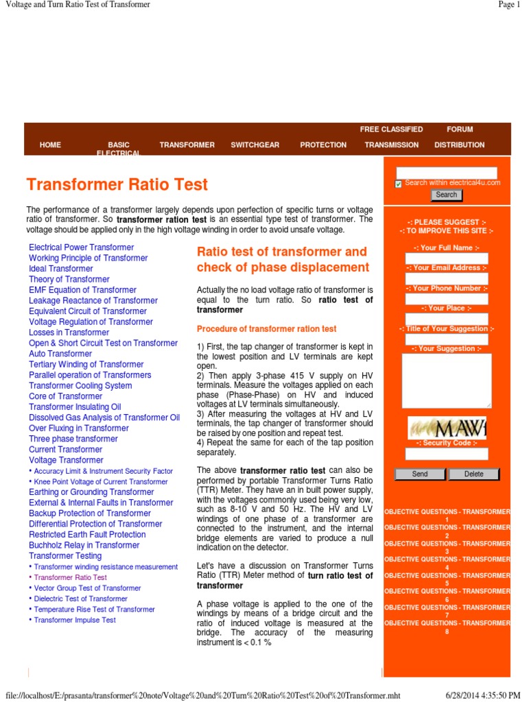 Voltage and Turn Ratio Test of Transformer PDF Transformer Electronics