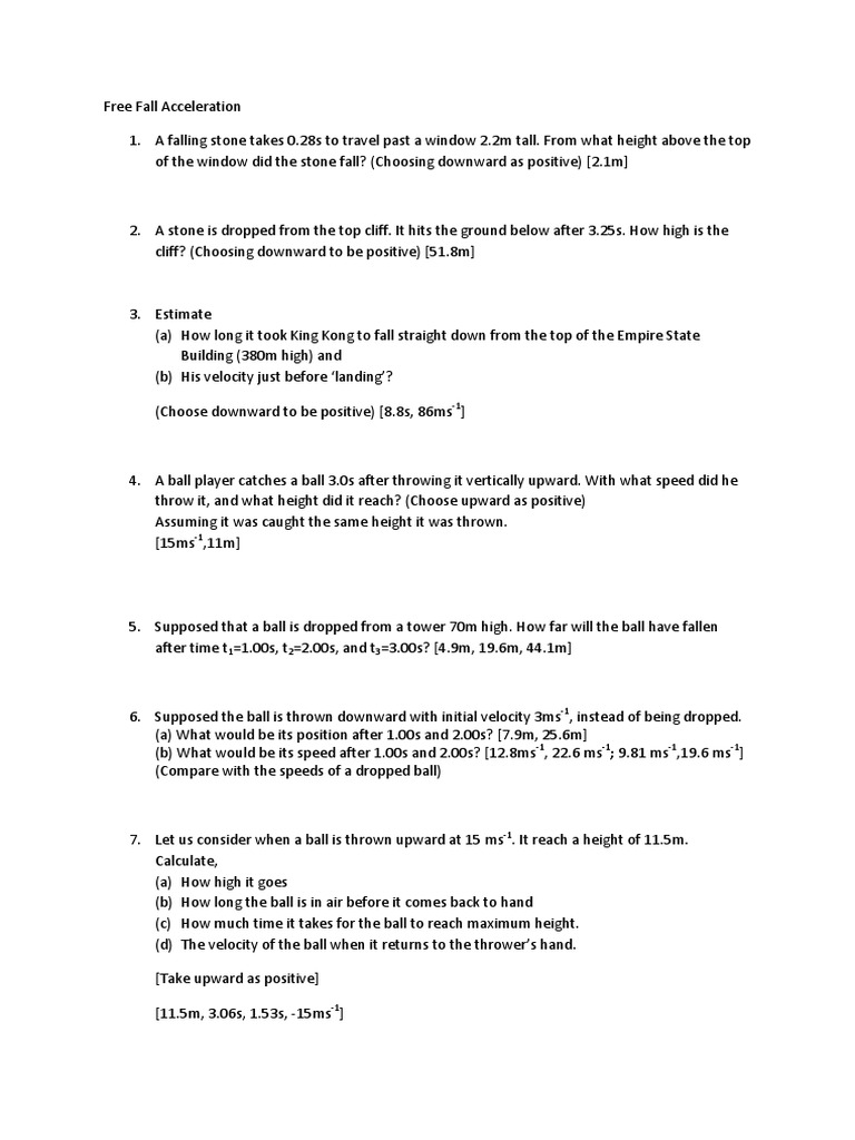 Free Fall Physics Worksheet