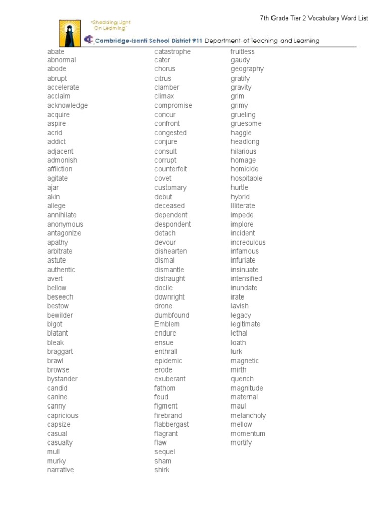 7th Grade Tier 2 Vocabulary Word List | PDF | Law