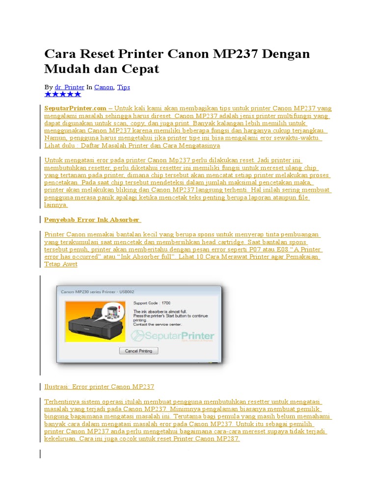 Cara Reset Printer Canon MP237 Dengan Mudah Dan Cepat | PDF
