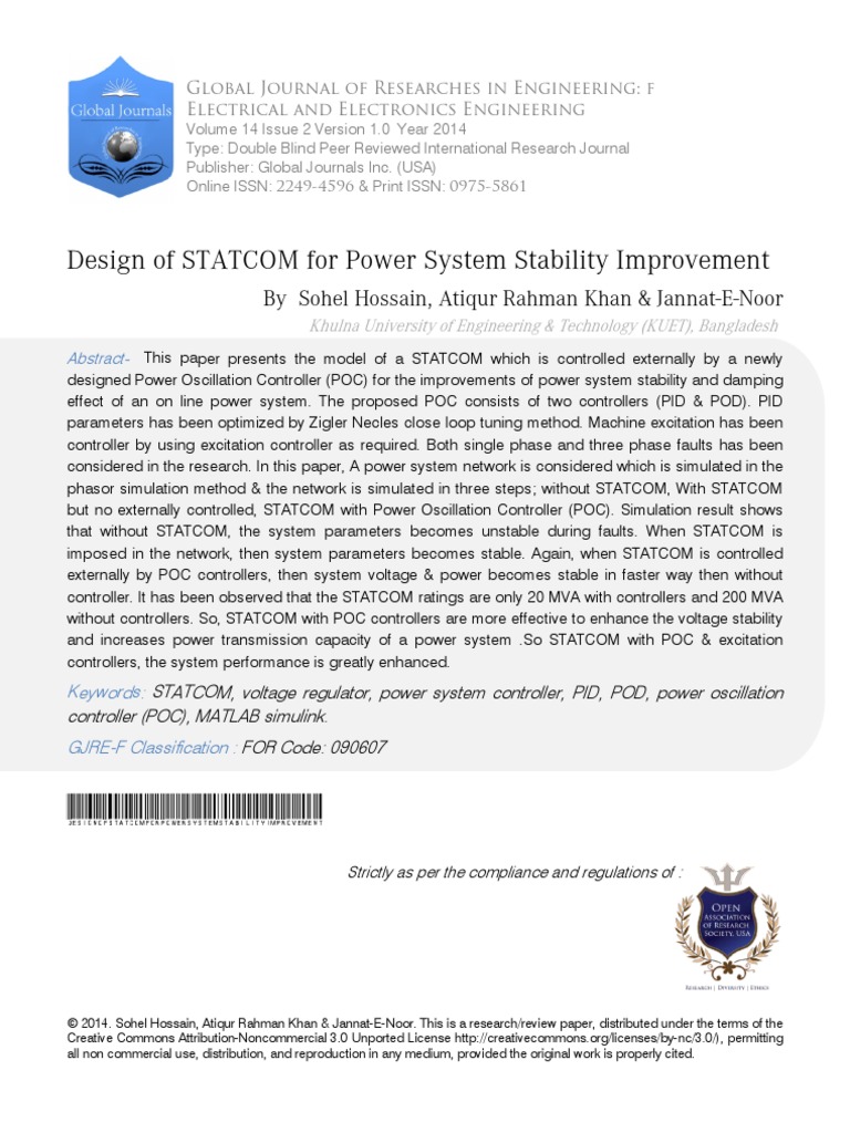 Design of STATCOM For Power System Stability Improvement | PDF