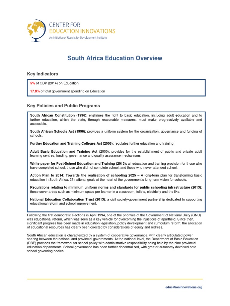 South Africa Education Overview PDF South Africa Curriculum