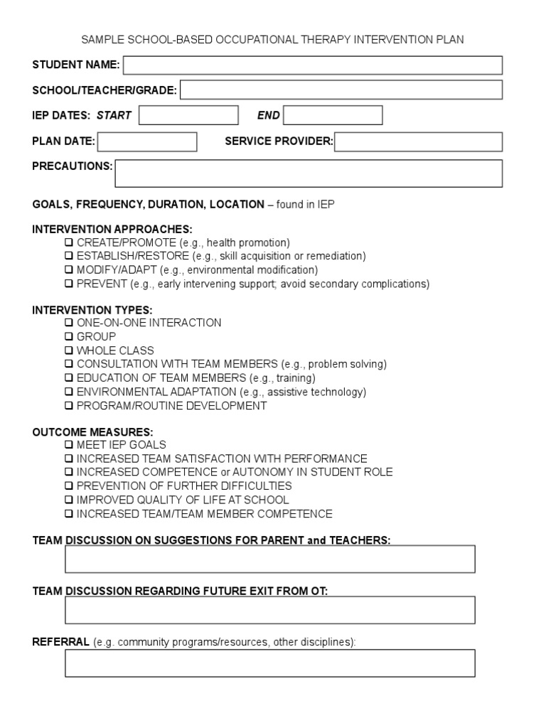 Sample Intervention Plan Individualized Education Program Applied