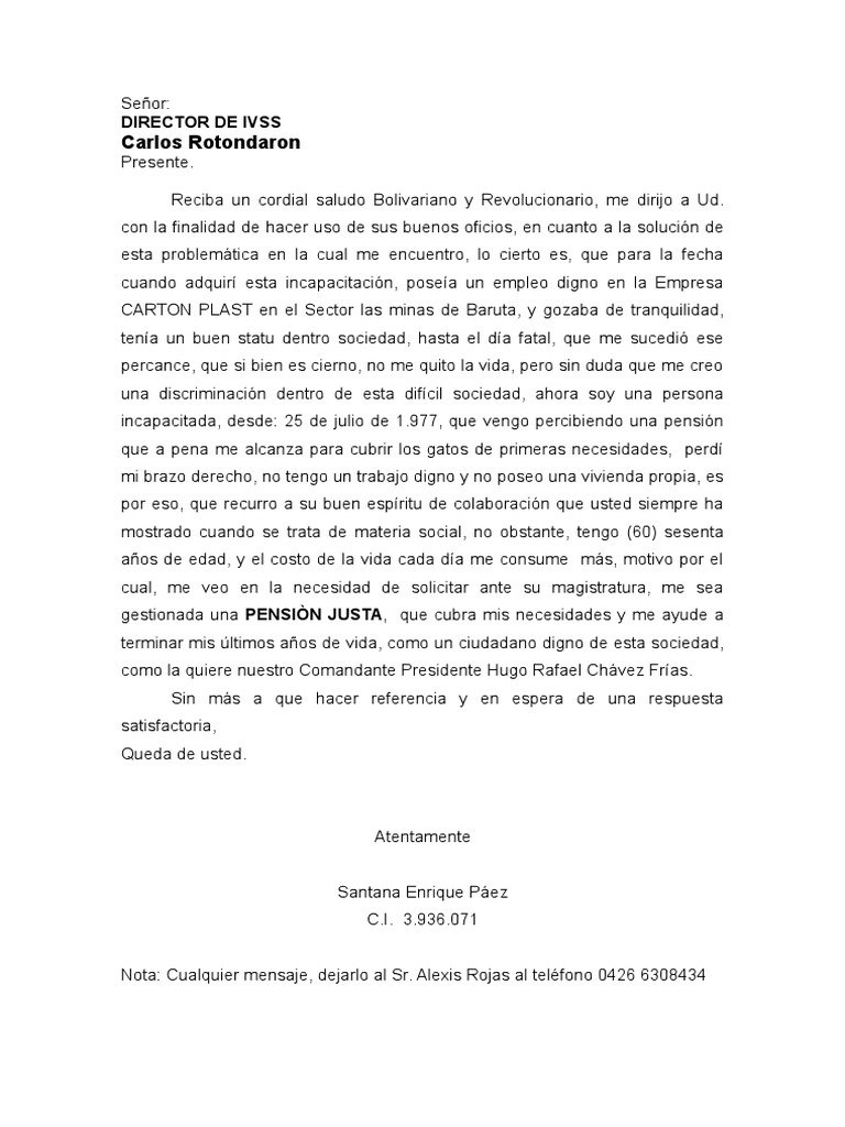 Carta De Solicitud De Pension