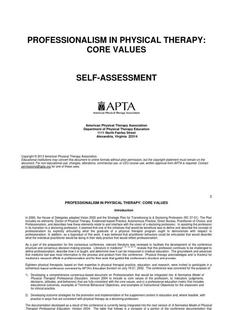 Apta Core Values Self Assessment