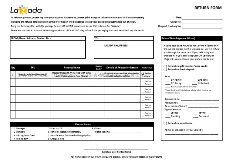 Returning a Product: Instructions and Form for Filling Out Return ...