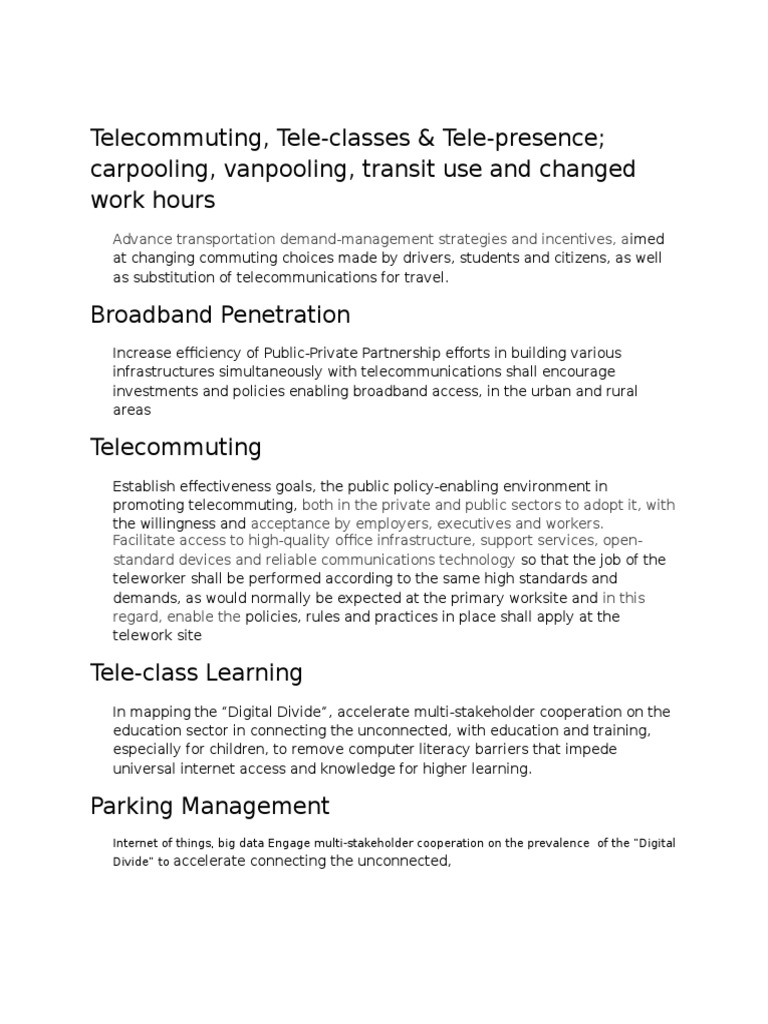 Telecommuting, Tele-Classes & Tele-Presence Carpooling, Vanpooling ...