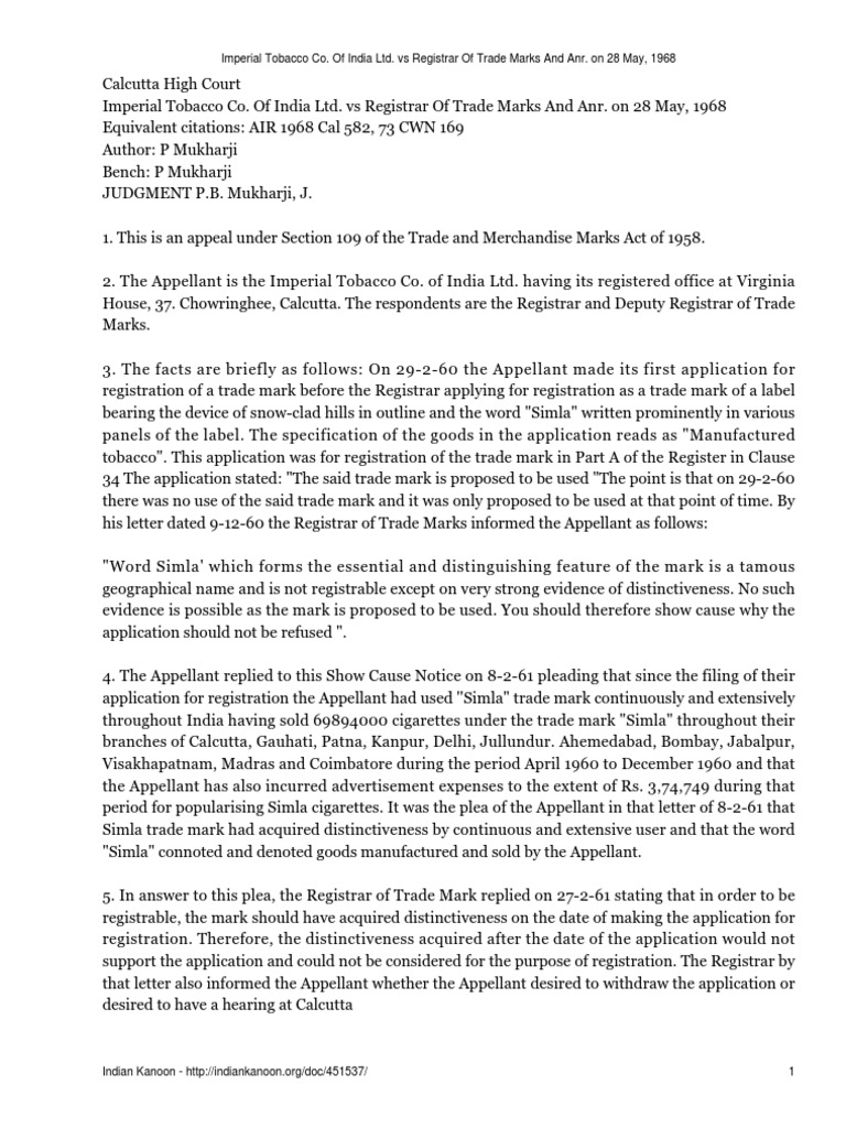 Imperial Tobacco vs Registrar: Simla Case | PDF | Question Of Law