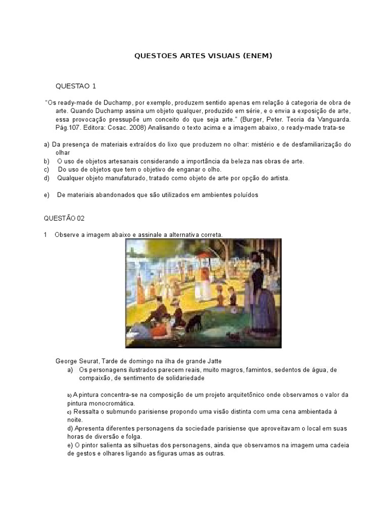 Questões Artes Visuais ENEM | PDF | Renascimento | Modernismo