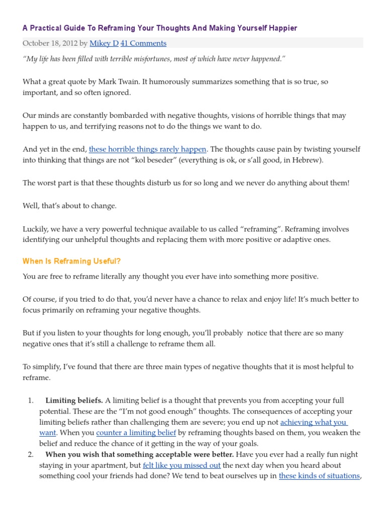 Reframing Negative Thoughts for Happiness | PDF | Reason | Applied ...